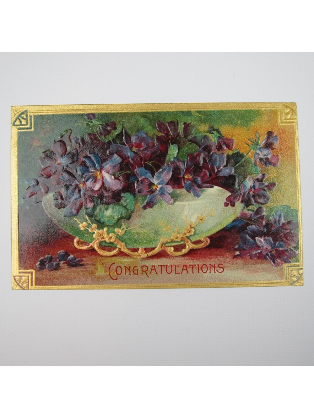 Postcard Congratulations Antique Dark Purple Crocus Flowers in Bowl Gold Gilt
